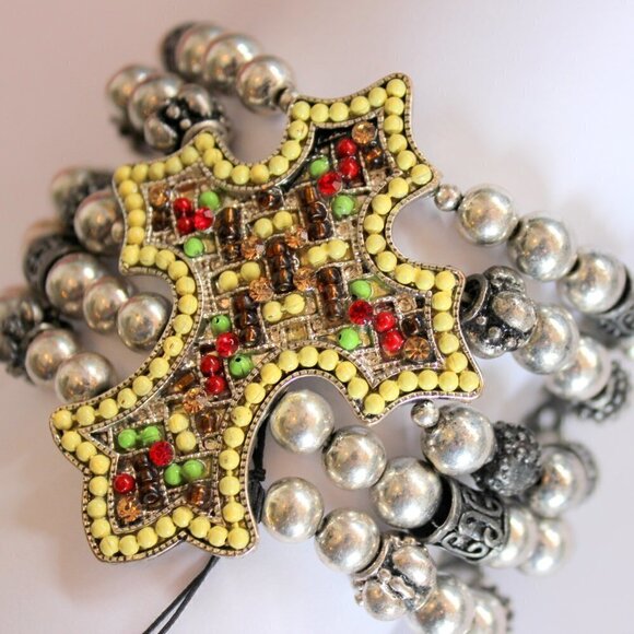 Bohemian Multicolor Crystal Beaded Cross Silver Chunky Wide Stretch Bracelet NWT - Picture 3 of 9
